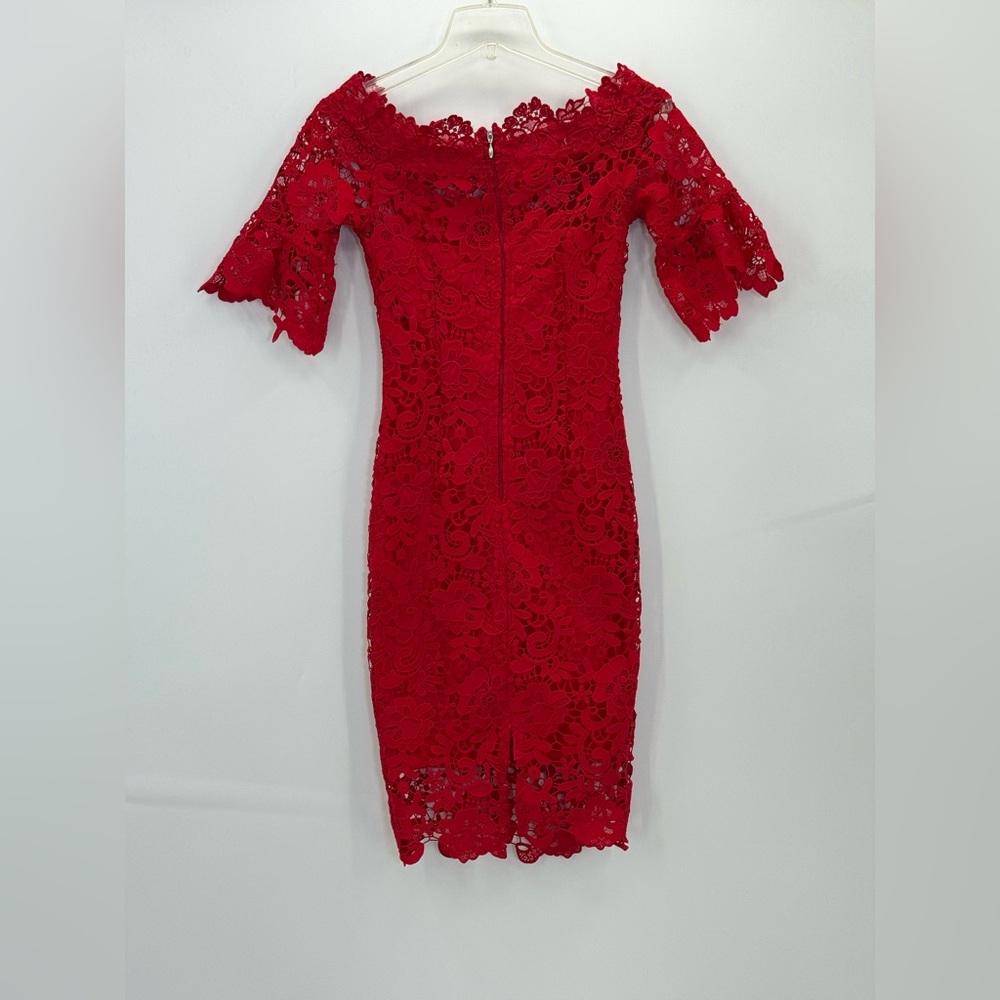 Paper Dolls London Red Lace Off-Shoulder Bodycon Cocktail Floral Lace Dress- 0 P - Picture 2 of 16